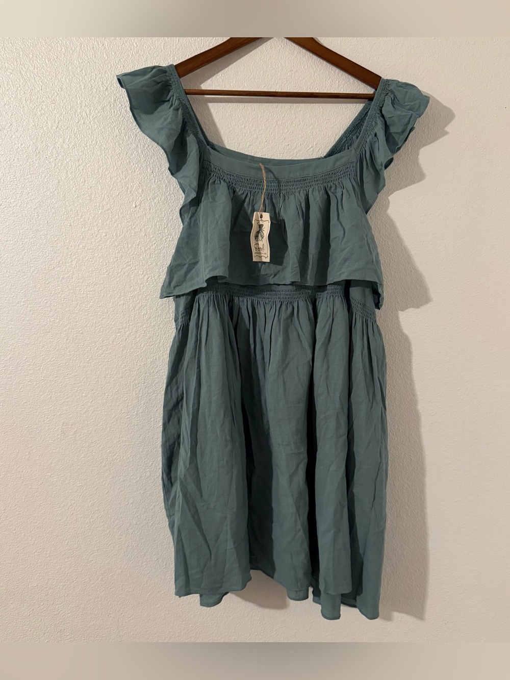 Easel Women’s 100% Cotton Large Ruffled Off-Shoulder Dress in Dusty Teal NWT